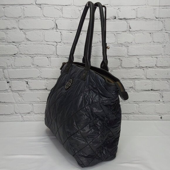 TORY BURCH TOTE BAG LEATHER & NYLON NAVY BLUE DOUBLE SHOULDER STRAPS - Picture 4 of 14